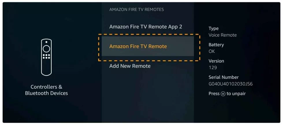toque los controles remotos de Amazon Fire TV para desvincular el control remoto Firestick