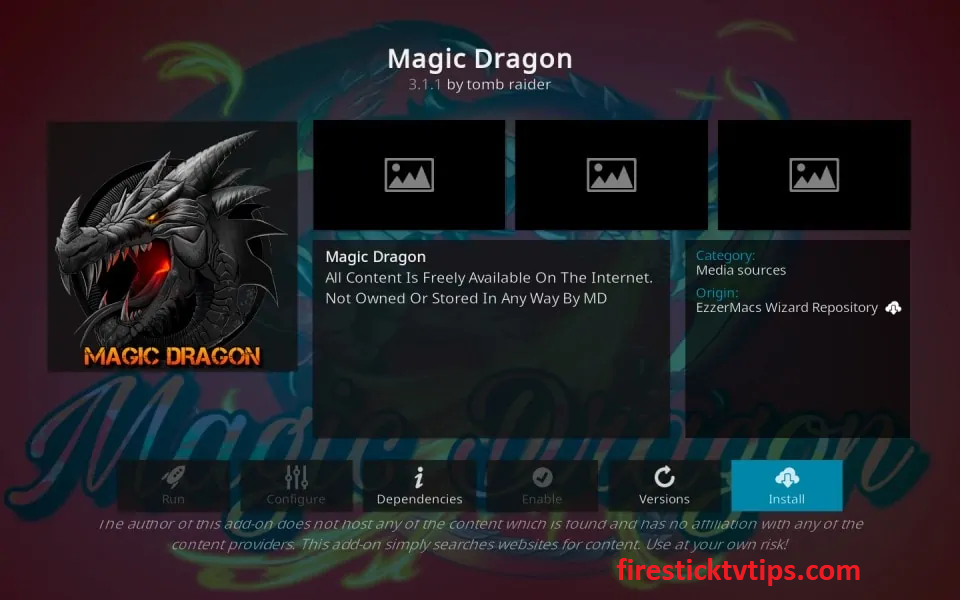   Toque el mosaico Instalar para obtener Magic Dragon Kodi Addon 