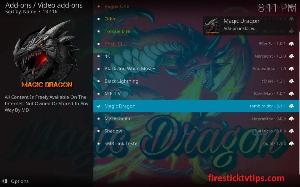 Mensaje instalado del complemento Magic Dragon Kodi