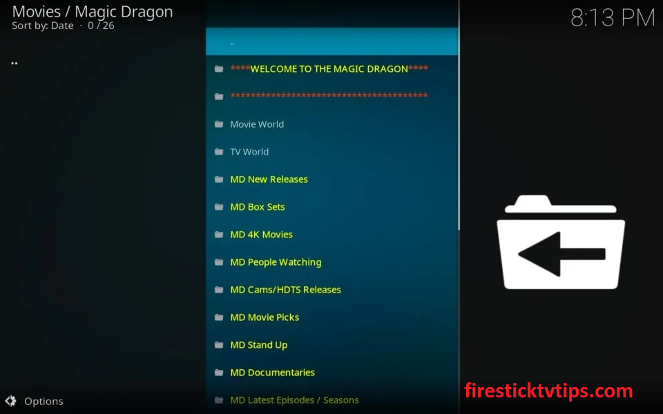 pantalla de inicio de Magic Dragon Kodi Addon